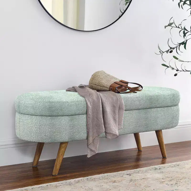 Banco otomano ovalado de lino moderno con patas de madera de caucho, reposapiés suave y largo para sala de estar, recibidor, dormitorio