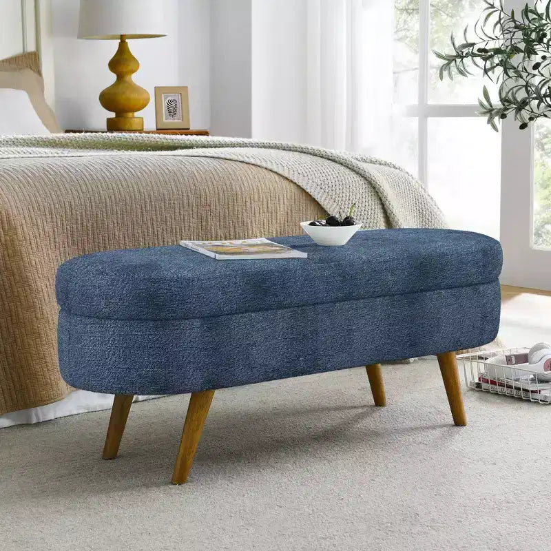 Banco otomano ovalado de lino moderno con patas de madera de caucho, reposapiés suave y largo para sala de estar, recibidor, dormitorio