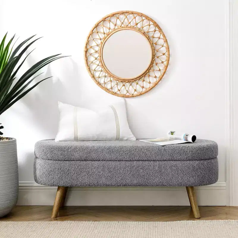 Banco otomano ovalado de lino moderno con patas de madera de caucho, reposapiés suave y largo para sala de estar, recibidor, dormitorio