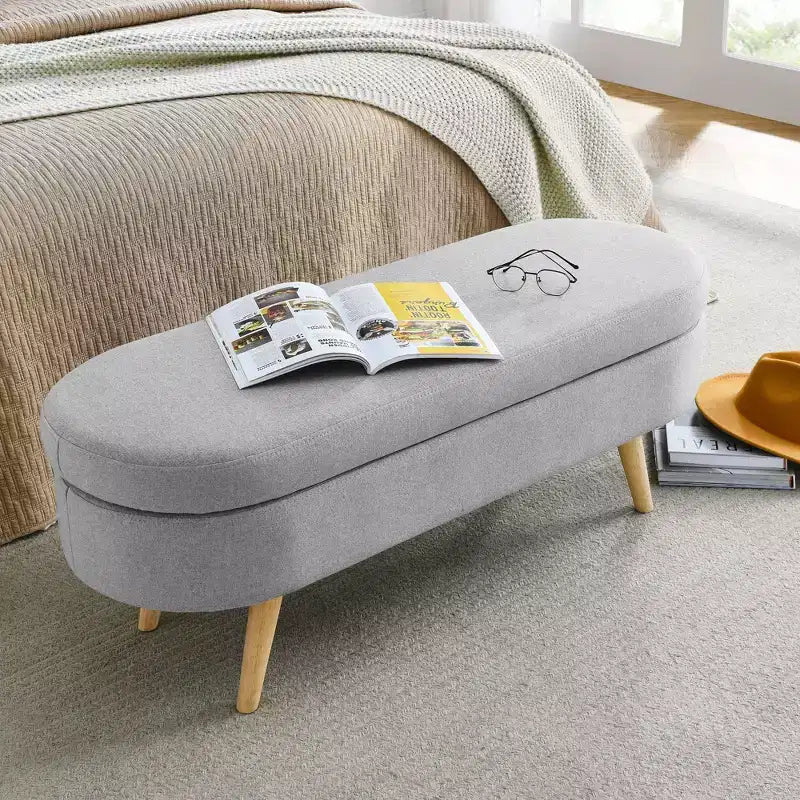 Banco otomano ovalado de lino moderno con patas de madera de caucho, reposapiés suave y largo para sala de estar, recibidor, dormitorio