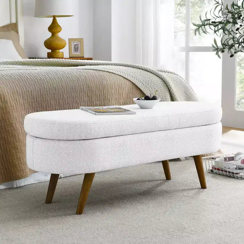 Banco otomano ovalado de lino moderno con patas de madera de caucho, reposapiés suave y largo para sala de estar, recibidor, dormitorio