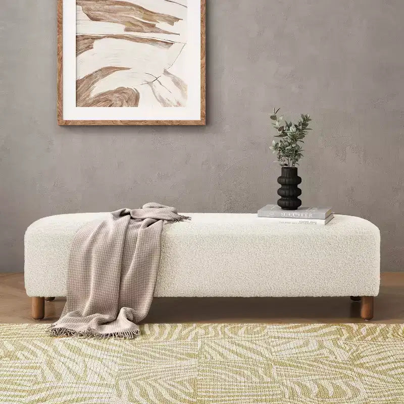 Cómodo banco otomano tapizado con patas de madera, taburete rectangular extralargo para dormitorio, entrada, pasillo