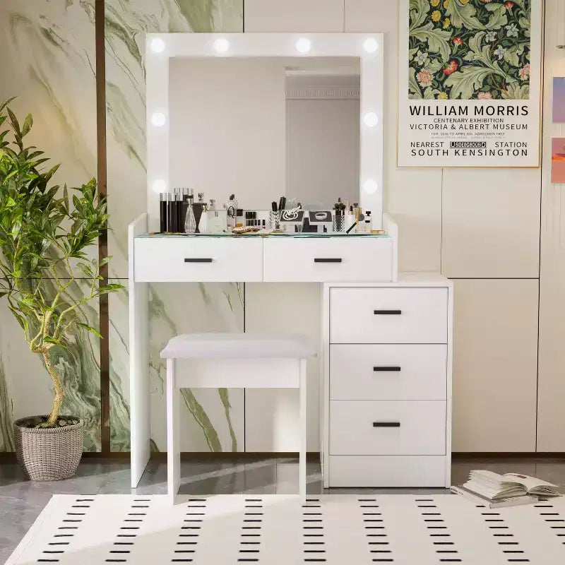 Tocador contemporáneo con espejo, tocador de maquillaje con LED ajustable, mesa de tocador con 7 cajones para dormitorio