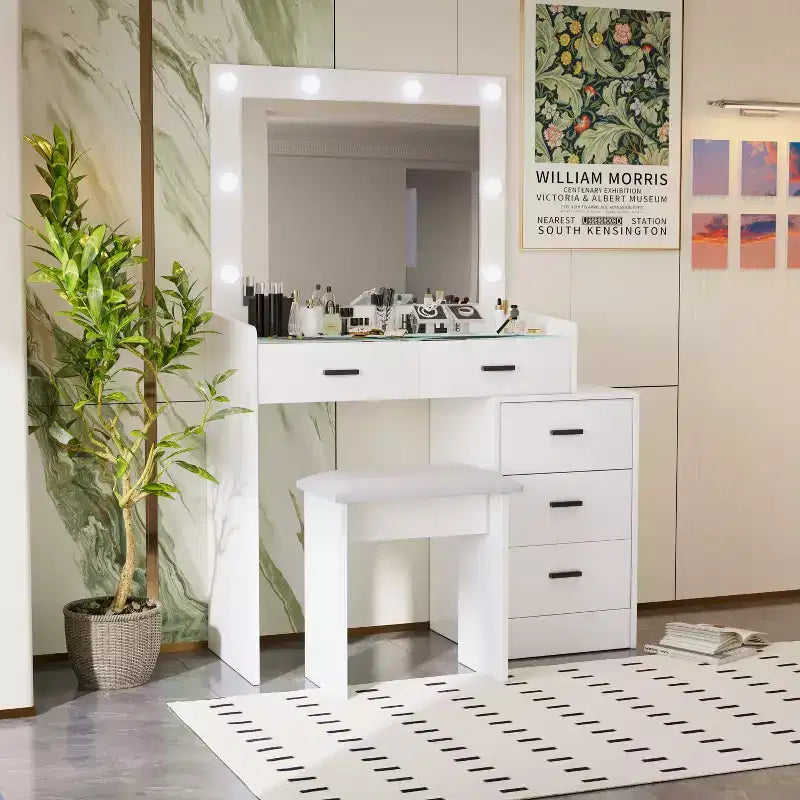 Tocador contemporáneo con espejo, tocador de maquillaje con LED ajustable, mesa de tocador con 7 cajones para dormitorio