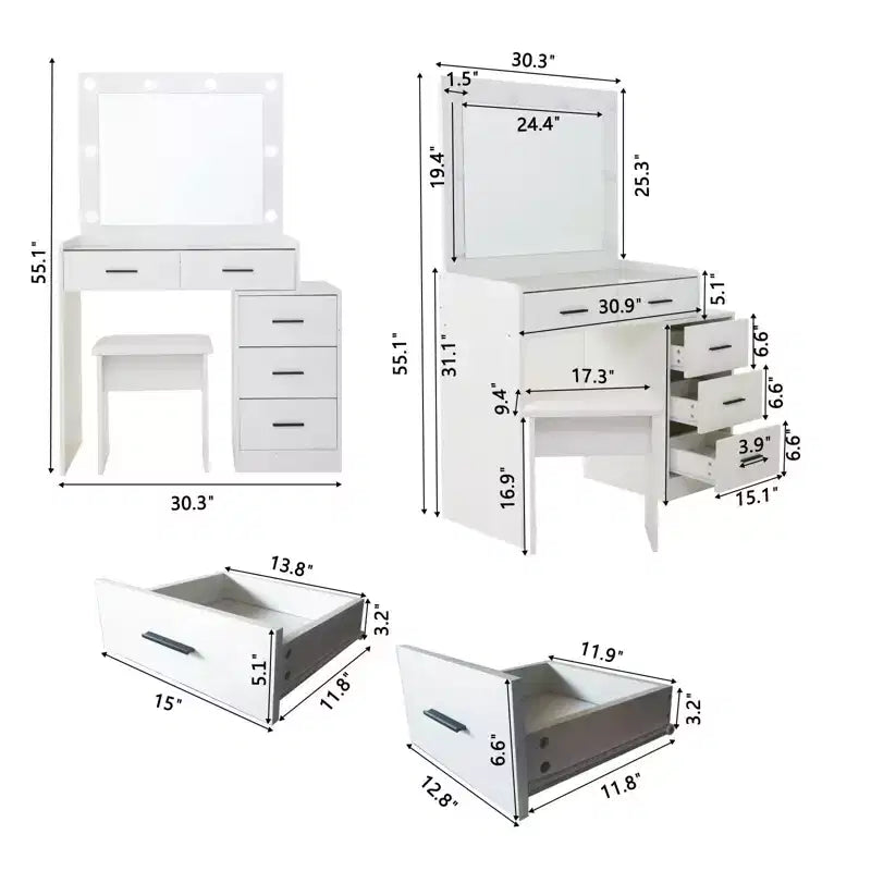 Tocador contemporáneo con espejo, tocador de maquillaje con LED ajustable, mesa de tocador con 7 cajones para dormitorio