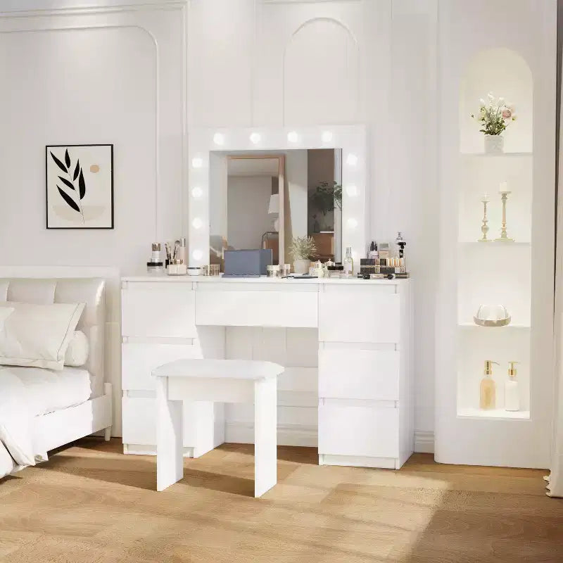 Tocador contemporáneo con espejo, tocador de maquillaje con LED ajustable, mesa de tocador con 7 cajones para dormitorio