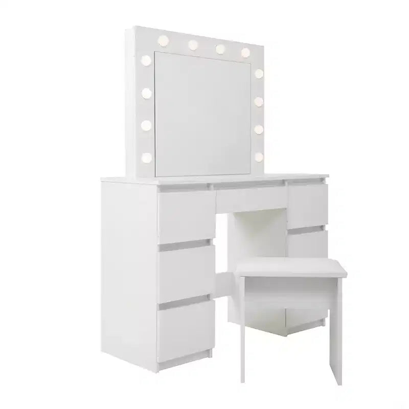 Tocador contemporáneo con espejo, tocador de maquillaje con LED ajustable, mesa de tocador con 7 cajones para dormitorio