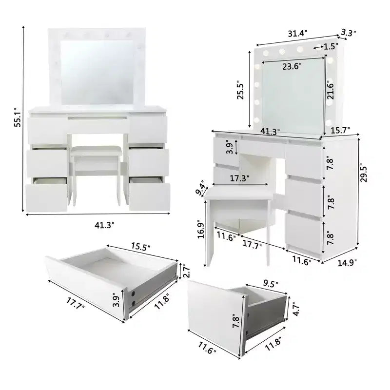 Tocador contemporáneo con espejo, tocador de maquillaje con LED ajustable, mesa de tocador con 7 cajones para dormitorio