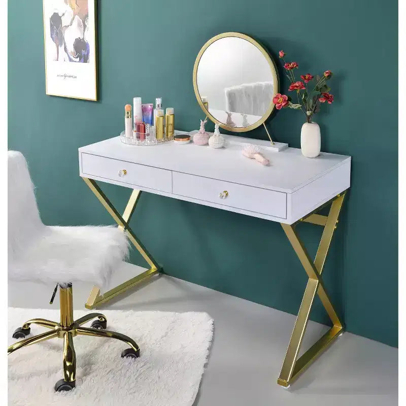Tocador contemporáneo con espejo, tocador de maquillaje con LED ajustable, mesa de tocador con 7 cajones para dormitorio