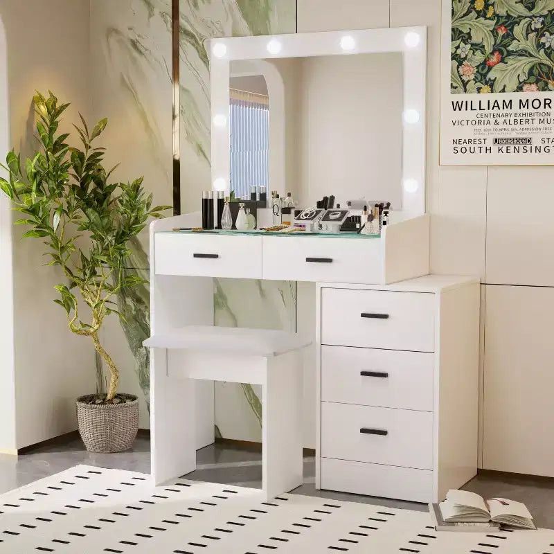 Tocador contemporáneo con espejo, tocador de maquillaje con LED ajustable, mesa de tocador con 7 cajones para dormitorio