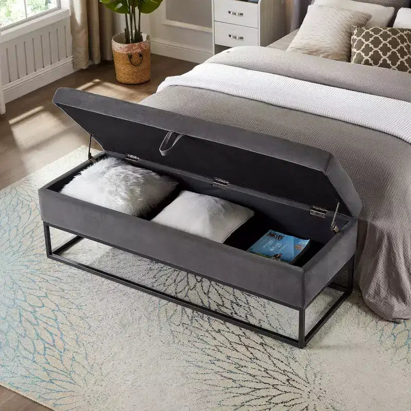 58.6 Banco otomano de almacenamiento de terciopelo con botones capitoné, tapizado, base de metal, reposapiés, banco de cama para recibidor y dormitorio