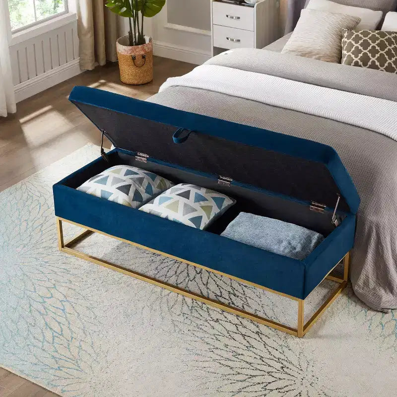 58.6 Banco otomano de almacenamiento de terciopelo con botones capitoné, tapizado, base de metal, reposapiés, banco de cama para recibidor y dormitorio