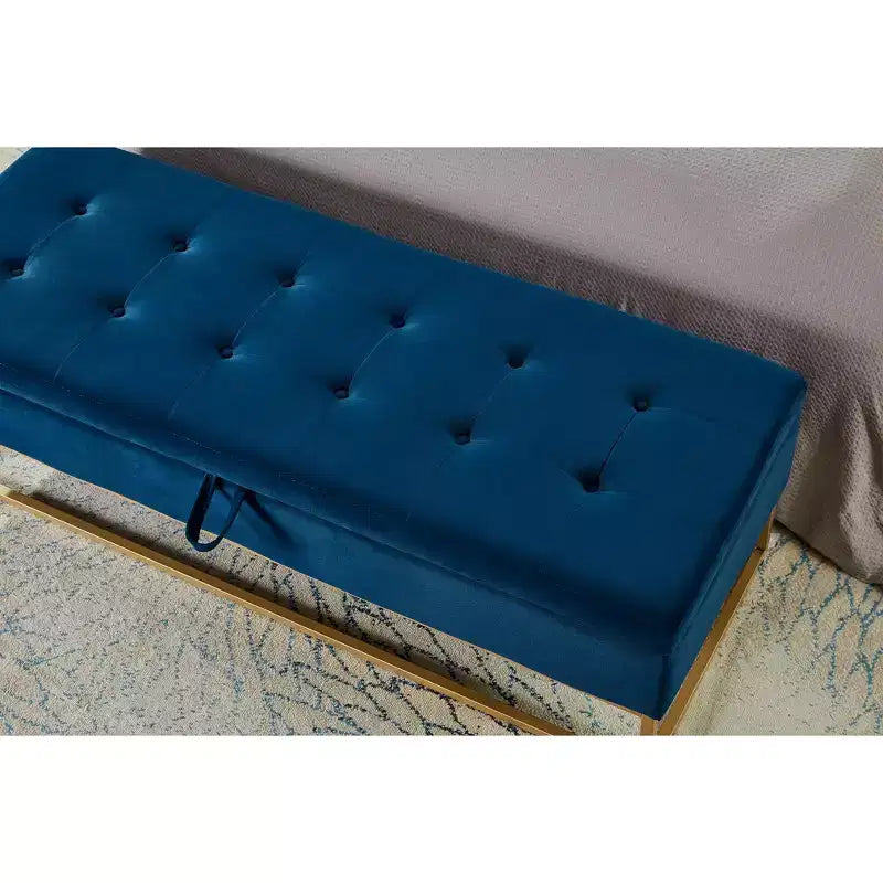 58.6 Banco otomano de almacenamiento de terciopelo con botones capitoné, tapizado, base de metal, reposapiés, banco de cama para recibidor y dormitorio