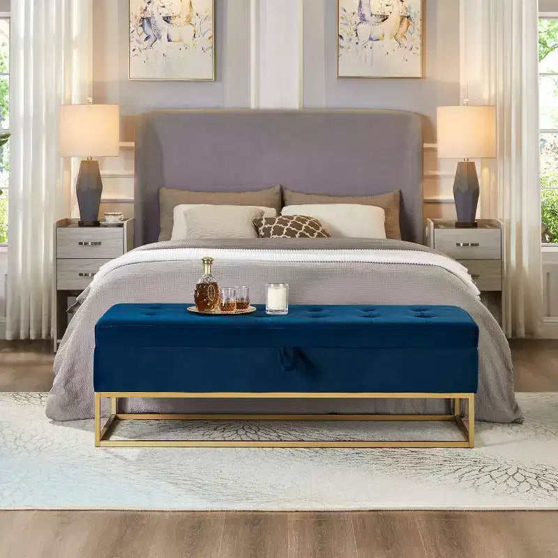58.6 Banco otomano de almacenamiento de terciopelo con botones capitoné, tapizado, base de metal, reposapiés, banco de cama para recibidor y dormitorio