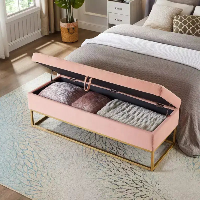 58.6 Banco otomano de almacenamiento de terciopelo con botones capitoné, tapizado, base de metal, reposapiés, banco de cama para recibidor y dormitorio
