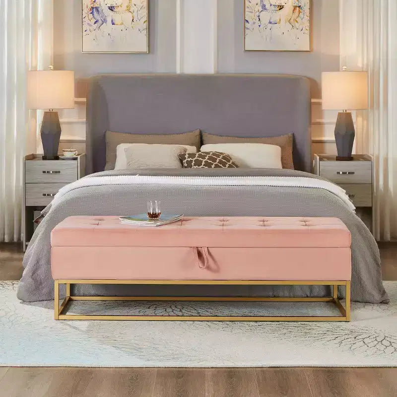 58.6 Banco otomano de almacenamiento de terciopelo con botones capitoné, tapizado, base de metal, reposapiés, banco de cama para recibidor y dormitorio