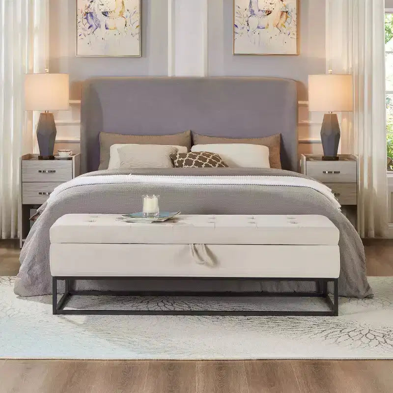 58.6 Banco otomano de almacenamiento de terciopelo con botones capitoné, tapizado, base de metal, reposapiés, banco de cama para recibidor y dormitorio