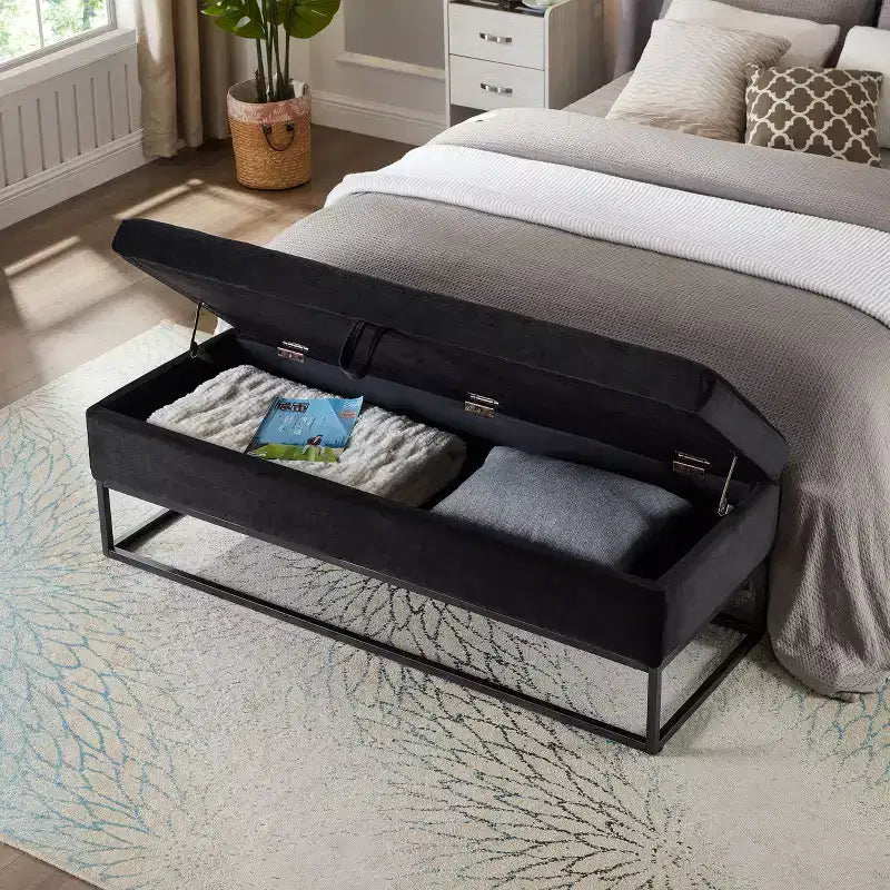 58.6 Banco otomano de almacenamiento de terciopelo con botones capitoné, tapizado, base de metal, reposapiés, banco de cama para recibidor y dormitorio