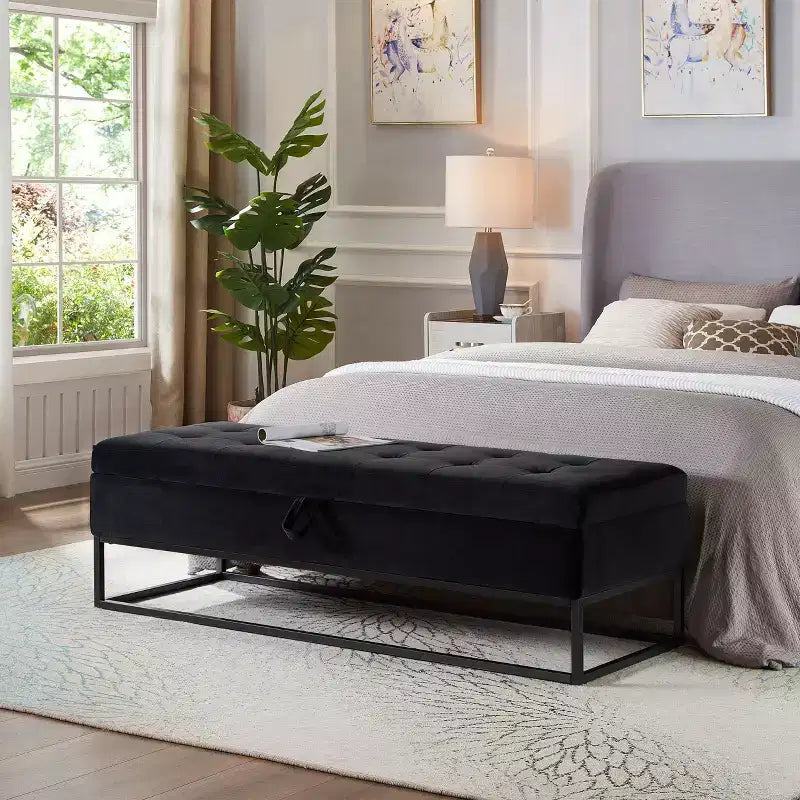58.6 Banco otomano de almacenamiento de terciopelo con botones capitoné, tapizado, base de metal, reposapiés, banco de cama para recibidor y dormitorio