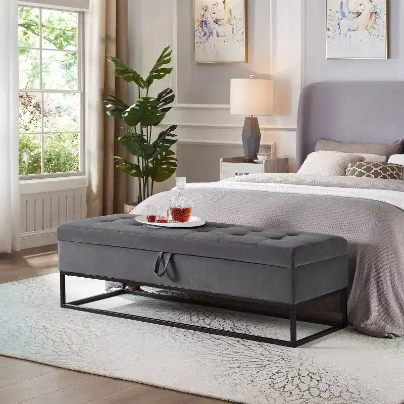 58.6 Banco otomano de almacenamiento de terciopelo con botones capitoné, tapizado, base de metal, reposapiés, banco de cama para recibidor y dormitorio