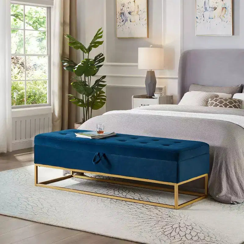 58.6 Banco otomano de almacenamiento de terciopelo con botones capitoné, tapizado, base de metal, reposapiés, banco de cama para recibidor y dormitorio