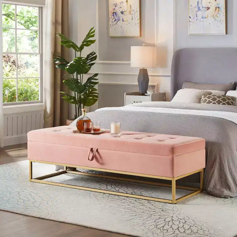 58.6 Banco otomano de almacenamiento de terciopelo con botones capitoné, tapizado, base de metal, reposapiés, banco de cama para recibidor y dormitorio