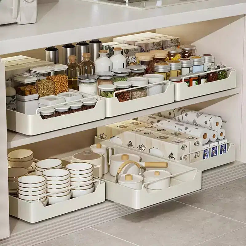 Organizador extraíble para armario de cocina, fijado con film adhesivo, estantes deslizantes extraíbles de alta resistencia para almacenamiento y organización, cajón deslizante para despensa