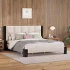 Cama tapizada en bouclé con costuras cuadradas contemporáneas