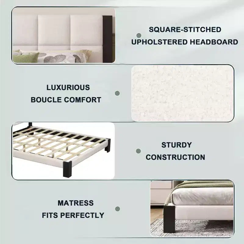 Cama tapizada en bouclé con costuras cuadradas contemporáneas