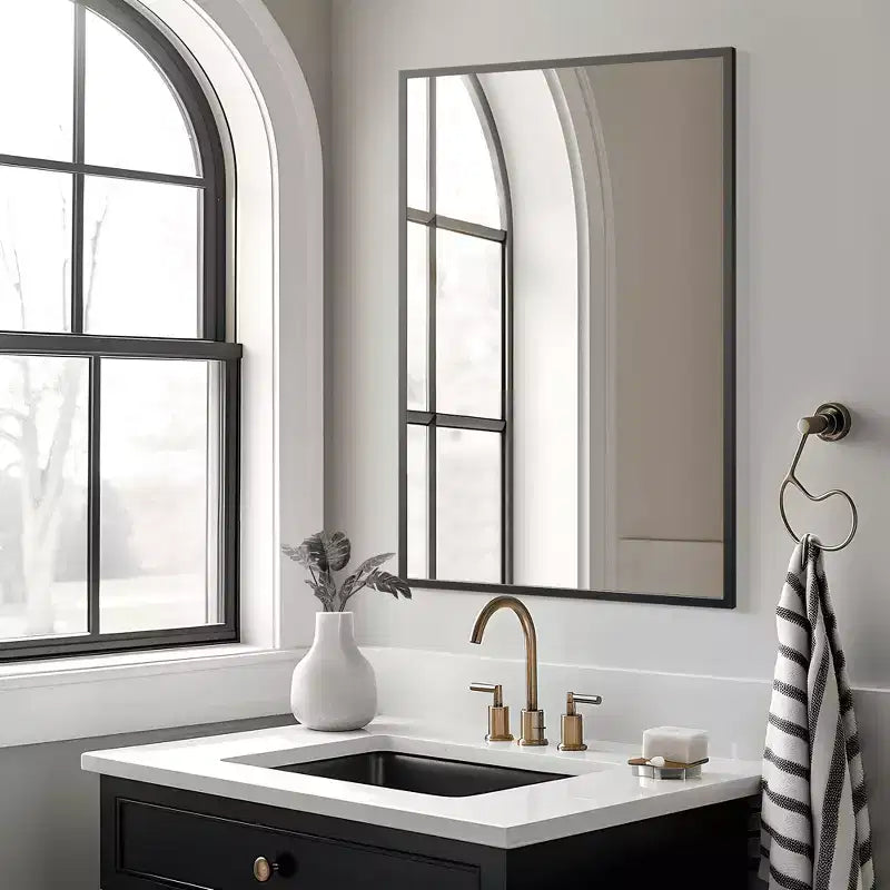 Espejo colgante rectangular de ángulo recto con borde delgado de aluminio de doble cara, 35,83x24,02x0,59 pulgadas, negro