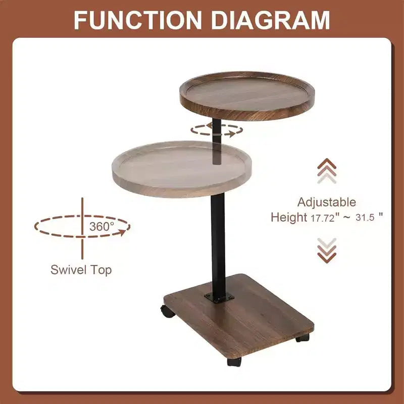 Mesa Auxiliar Ajustable, Altura Ajustable (45-80cm) de Madera con Ruedas/Frenos, Giratoria 360° para Sala de Estar/Sofá/Cama