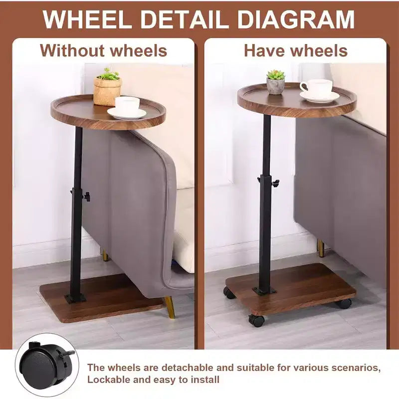 Mesa Auxiliar Ajustable, Altura Ajustable (45-80cm) de Madera con Ruedas/Frenos, Giratoria 360° para Sala de Estar/Sofá/Cama