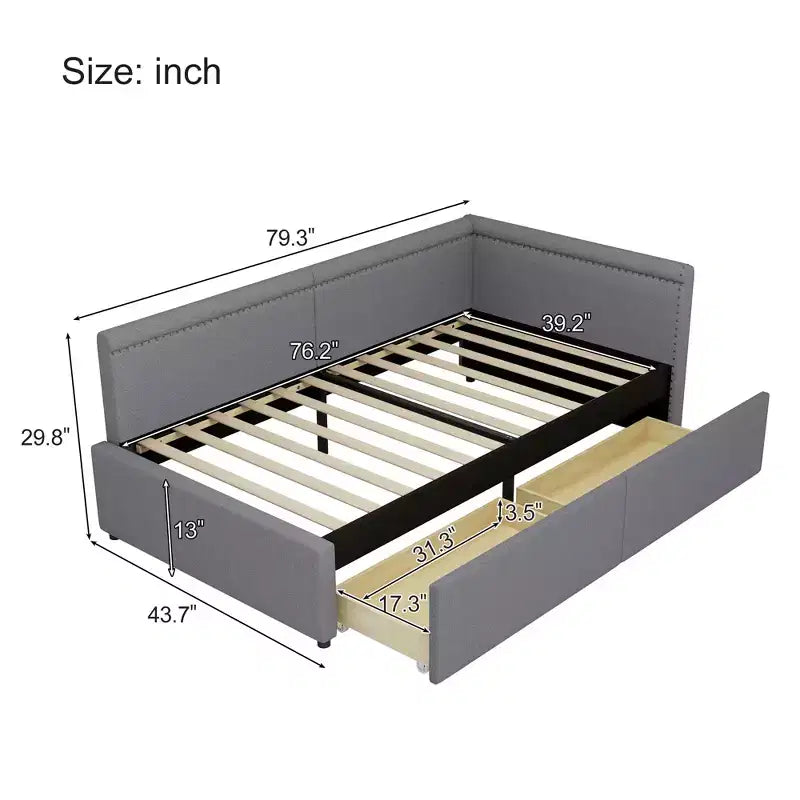 Sofá cama esquinero moderno tamaño twin en forma de L con tapicería de lino y dos cajones de almacenamiento