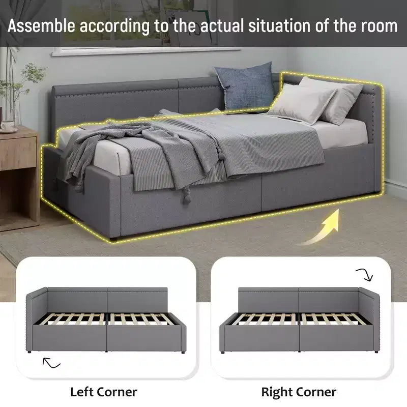 Sofá cama esquinero moderno tamaño twin en forma de L con tapicería de lino y dos cajones de almacenamiento