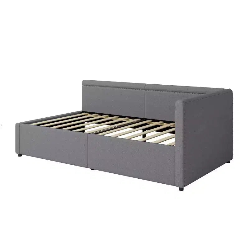 Sofá cama esquinero moderno tamaño twin en forma de L con tapicería de lino y dos cajones de almacenamiento