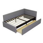 Sofá cama esquinero moderno tamaño twin en forma de L con tapicería de lino y dos cajones de almacenamiento