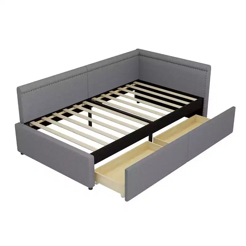 Sofá cama esquinero moderno tamaño twin en forma de L con tapicería de lino y dos cajones de almacenamiento