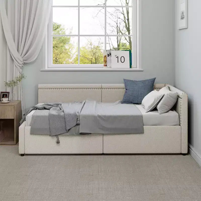 Sofá cama esquinero moderno tamaño twin en forma de L con tapicería de lino y dos cajones de almacenamiento