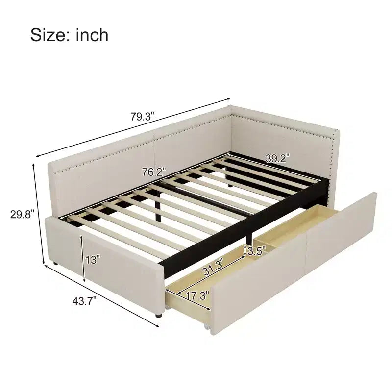 Sofá cama esquinero moderno tamaño twin en forma de L con tapicería de lino y dos cajones de almacenamiento