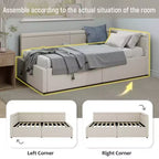 Sofá cama esquinero moderno tamaño twin en forma de L con tapicería de lino y dos cajones de almacenamiento