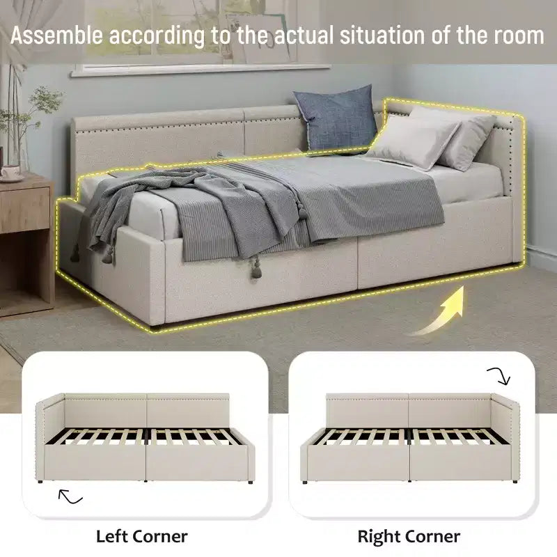 Sofá cama esquinero moderno tamaño twin en forma de L con tapicería de lino y dos cajones de almacenamiento