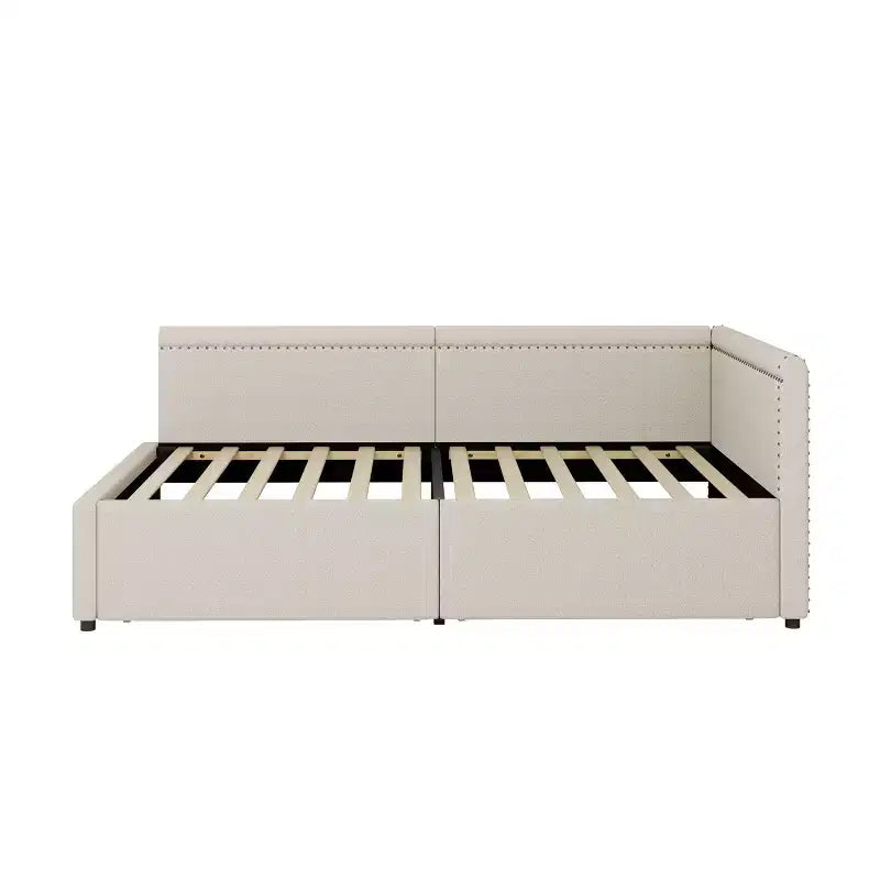 Sofá cama esquinero moderno tamaño twin en forma de L con tapicería de lino y dos cajones de almacenamiento