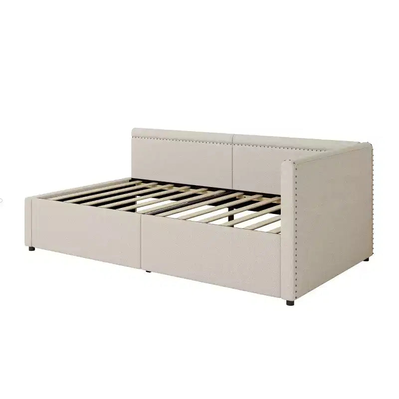 Sofá cama esquinero moderno tamaño twin en forma de L con tapicería de lino y dos cajones de almacenamiento