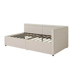 Sofá cama esquinero moderno tamaño twin en forma de L con tapicería de lino y dos cajones de almacenamiento