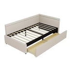 Sofá cama esquinero moderno tamaño twin en forma de L con tapicería de lino y dos cajones de almacenamiento