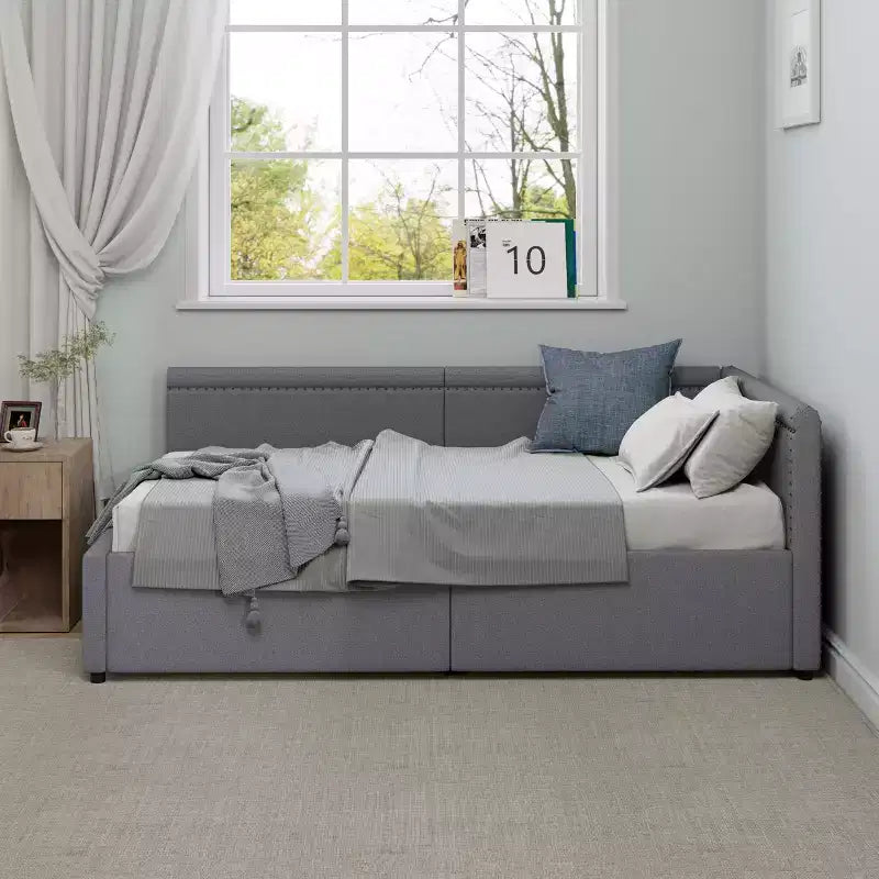 Sofá cama esquinero moderno tamaño twin en forma de L con tapicería de lino y dos cajones de almacenamiento