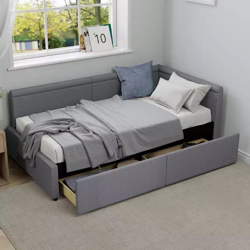 Sofá cama esquinero moderno tamaño twin en forma de L con tapicería de lino y dos cajones de almacenamiento