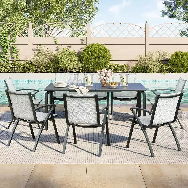 Mesa de comedor grande y larga para exteriores de 70.9 pulgadas para 6-8 personas, mesa de patio de aluminio a prueba de agua con parte superior de listones y orificio para sombrilla para patio trasero/jardín/césped