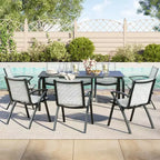 Mesa de comedor grande y larga para exteriores de 70.9 pulgadas para 6-8 personas, mesa de patio de aluminio a prueba de agua con parte superior de listones y orificio para sombrilla para patio trasero/jardín/césped