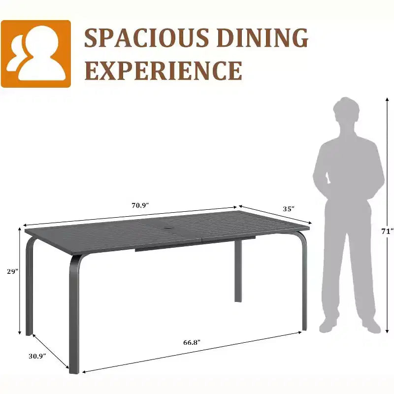 Mesa de comedor grande y larga para exteriores de 70.9 pulgadas para 6-8 personas, mesa de patio de aluminio a prueba de agua con parte superior de listones y orificio para sombrilla para patio trasero/jardín/césped
